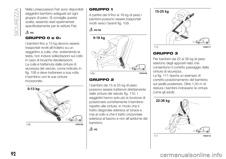 FIAT DOBLO COMBI 2018 Libretto Uso Manutenzione (in Italian) Nella Lineaccessori Fiat sono disponibili
seggiolini bambino adeguati ad ogni
gruppo di peso. Si consiglia questa
scelta, essendo stati sperimentati
specificatamente per le vetture Fiat.
64)
GRUPPO0e0 FIAT DOBLO COMBI 2018 Libretto Uso Manutenzione (in Italian) Nella Lineaccessori Fiat sono disponibili
seggiolini bambino adeguati ad ogni
gruppo di peso. Si consiglia questa
scelta, essendo stati sperimentati
specificatamente per le vetture Fiat.
64)
GRUPPO0e0