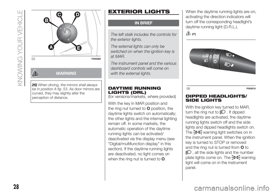 FIAT DOBLO COMBI 2018 Owner handbook (in English) WARNING
26)When driving, the mirrors shall always
be in position A fig. 53. As door mirrors are
curved, they may slightly alter the
perception of distance.
EXTERIOR LIGHTS
IN BRIEF
The left stalk incl FIAT DOBLO COMBI 2018 Owner handbook (in English) WARNING
26)When driving, the mirrors shall always
be in position A fig. 53. As door mirrors are
curved, they may slightly alter the
perception of distance.
EXTERIOR LIGHTS
IN BRIEF
The left stalk incl