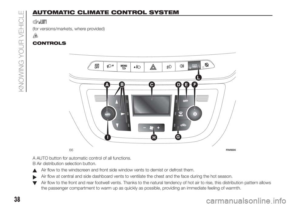 FIAT DOBLO COMBI 2018  Owner handbook (in English) AUTOMATIC CLIMATE CONTROL SYSTEM
(for versions/markets, where provided)
.
CONTROLS
A AUTO button for automatic control of all functions.
B Air distribution selection button.
Air flow to the windscreen