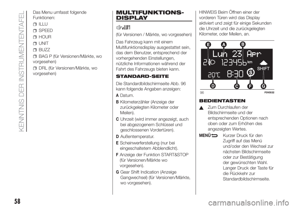 FIAT DOBLO COMBI 2018 Betriebsanleitung (in German) Das Menu umfasst folgende
Funktionen:
ILLU
SPEED
HOUR
UNIT
BUZZ
BAG P (für Versionen/Märkte, wo
vorgesehen)
DRL (für Versionen/Märkte, wo
vorgesehen)
MULTIFUNKTIONS-
DISPLAY
(für Versionen / Mär FIAT DOBLO COMBI 2018 Betriebsanleitung (in German) Das Menu umfasst folgende
Funktionen:
ILLU
SPEED
HOUR
UNIT
BUZZ
BAG P (für Versionen/Märkte, wo
vorgesehen)
DRL (für Versionen/Märkte, wo
vorgesehen)
MULTIFUNKTIONS-
DISPLAY
(für Versionen / Mär
