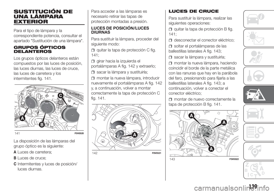 FIAT DOBLO COMBI 2018 Manual de Empleo y Cuidado (in Spanish) SUSTITUCIÓN DE
UNA LÁMPARA
EXTERIOR
Para el tipo de lámpara y la
correspondiente potencia, consultar el
apartado "Sustitución de una lámpara".
GRUPOS ÓPTICOS
DELANTEROS
Los grupos óptic FIAT DOBLO COMBI 2018 Manual de Empleo y Cuidado (in Spanish) SUSTITUCIÓN DE
UNA LÁMPARA
EXTERIOR
Para el tipo de lámpara y la
correspondiente potencia, consultar el
apartado "Sustitución de una lámpara".
GRUPOS ÓPTICOS
DELANTEROS
Los grupos óptic