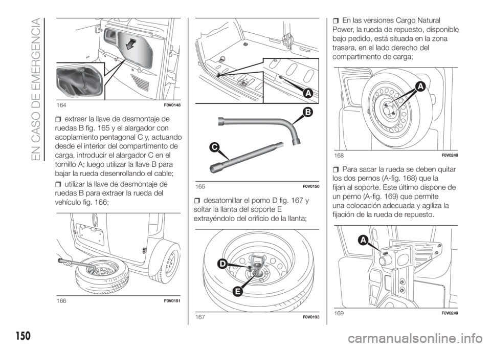 FIAT DOBLO COMBI 2018 Manual de Empleo y Cuidado (in Spanish) extraer la llave de desmontaje de
ruedas B fig. 165 y el alargador con
acoplamiento pentagonal C y, actuando
desde el interior del compartimento de
carga, introducir el alargador C en el
tornillo A; l FIAT DOBLO COMBI 2018 Manual de Empleo y Cuidado (in Spanish) extraer la llave de desmontaje de
ruedas B fig. 165 y el alargador con
acoplamiento pentagonal C y, actuando
desde el interior del compartimento de
carga, introducir el alargador C en el
tornillo A; l