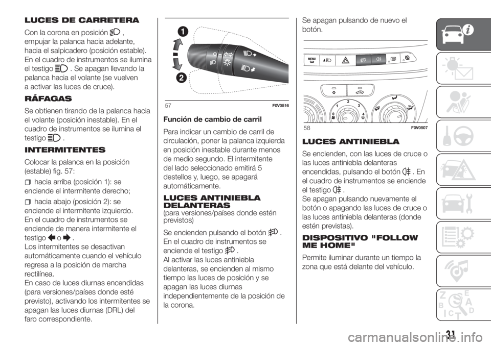 FIAT DOBLO COMBI 2018 Manual de Empleo y Cuidado (in Spanish) LUCES DE CARRETERA
Con la corona en posición
,
empujar la palanca hacia adelante,
hacia el salpicadero (posición estable).
En el cuadro de instrumentos se ilumina
el testigo
. Se apagan llevando la
FIAT DOBLO COMBI 2018 Manual de Empleo y Cuidado (in Spanish) LUCES DE CARRETERA
Con la corona en posición
,
empujar la palanca hacia adelante,
hacia el salpicadero (posición estable).
En el cuadro de instrumentos se ilumina
el testigo
. Se apagan llevando la