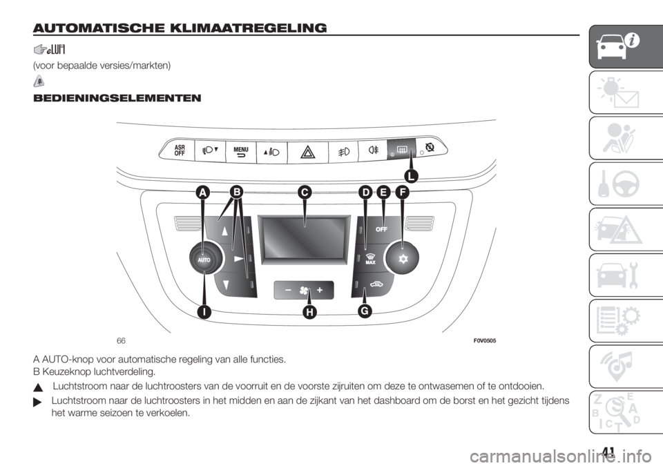 FIAT DOBLO COMBI 2018  Instructieboek (in Dutch) AUTOMATISCHE KLIMAATREGELING
(voor bepaalde versies/markten)
.
BEDIENINGSELEMENTEN
A AUTO-knop voor automatische regeling van alle functies.
B Keuzeknop luchtverdeling.
Luchtstroom naar de luchtrooste