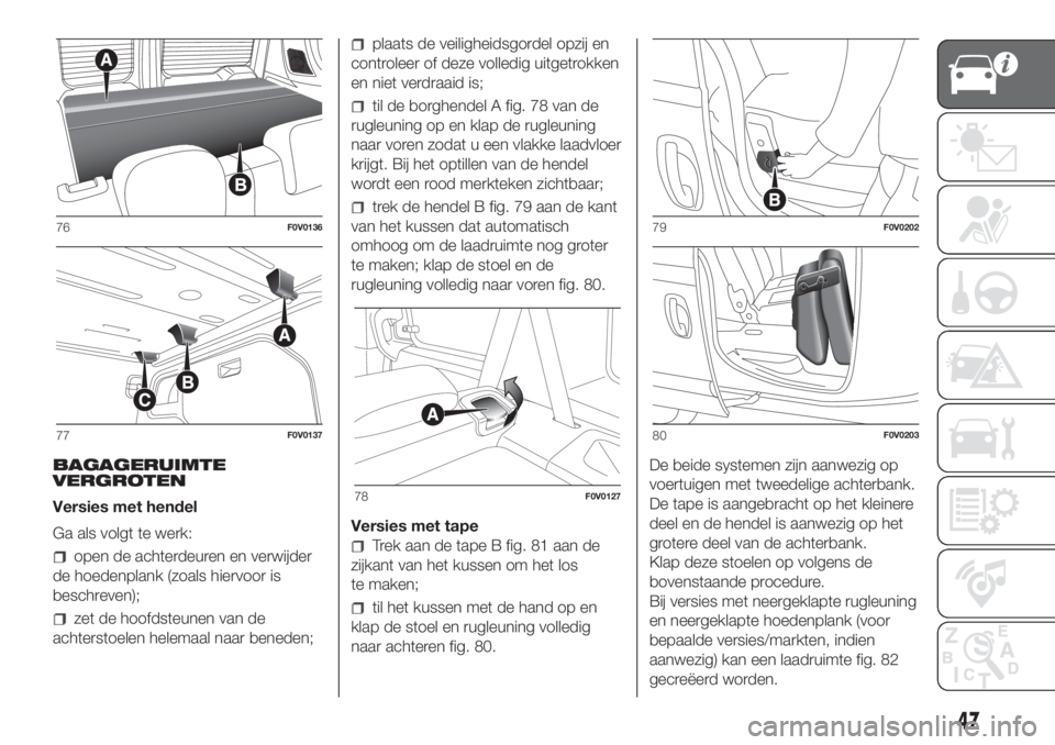 FIAT DOBLO COMBI 2018  Instructieboek (in Dutch) BAGAGERUIMTE
VERGROTEN
Versies met hendel
Ga als volgt te werk:
open de achterdeuren en verwijder
de hoedenplank (zoals hiervoor is
beschreven);
zet de hoofdsteunen van de
achterstoelen helemaal naar 