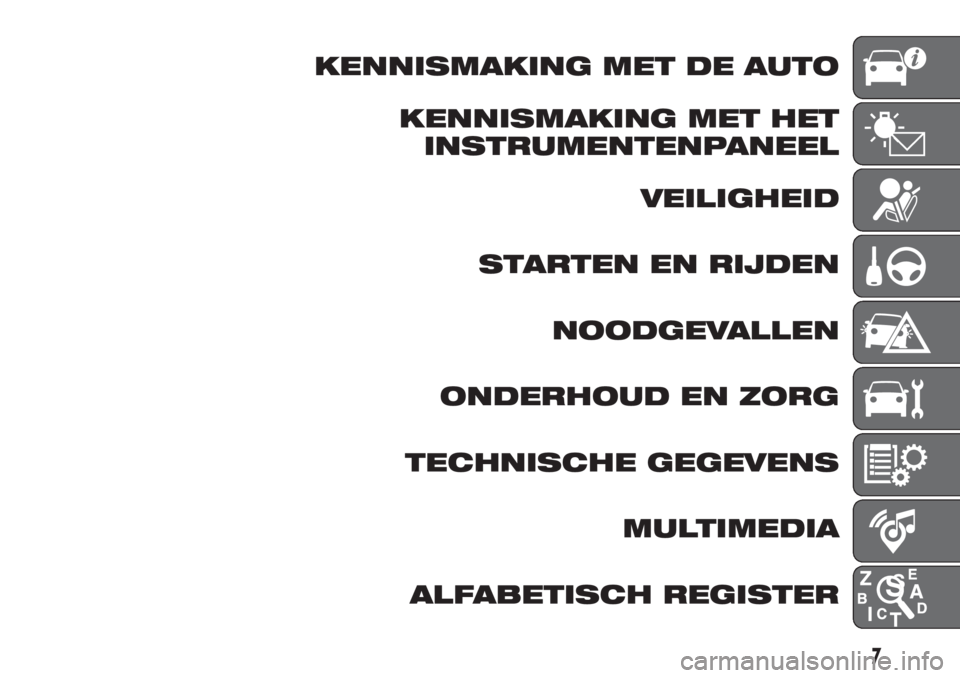 FIAT DOBLO COMBI 2018  Instructieboek (in Dutch) KENNISMAKING MET DE AUTO
KENNISMAKING MET HET
INSTRUMENTENPANEEL
VEILIGHEID
STARTEN EN RIJDEN
NOODGEVALLEN
ONDERHOUD EN ZORG
TECHNISCHE GEGEVENS
MULTIMEDIA
ALFABETISCH REGISTER
7 