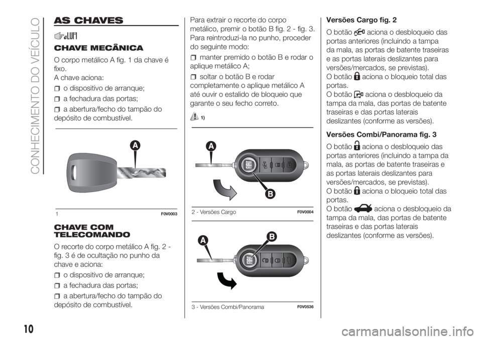 FIAT DOBLO COMBI 2018 Manual de Uso e Manutenção (in Portuguese) AS CHAVES
CHAVE MECÂNICA
O corpo metálico A fig. 1 da chave é
fixo.
A chave aciona:
o dispositivo de arranque;
a fechadura das portas;
a abertura/fecho do tampão do
depósito de combustível.
CHAV FIAT DOBLO COMBI 2018 Manual de Uso e Manutenção (in Portuguese) AS CHAVES
CHAVE MECÂNICA
O corpo metálico A fig. 1 da chave é
fixo.
A chave aciona:
o dispositivo de arranque;
a fechadura das portas;
a abertura/fecho do tampão do
depósito de combustível.
CHAV