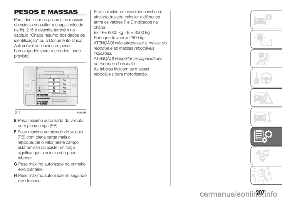 FIAT DOBLO COMBI 2018  Manual de Uso e Manutenção (in Portuguese) PESOS E MASSAS
Para identificar os pesos e as massas
do veículo consultar a chapa indicada
na fig. 215 e descrita também no
capítulo “Chapa resumo dos dados de
identificação” ou o Documento 