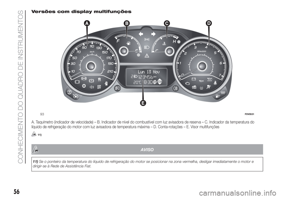 FIAT DOBLO COMBI 2018 Manual de Uso e Manutenção (in Portuguese) Versões com display multifunções
A. Taquímetro (indicador de velocidade) – B. Indicador de nível do combustível com luz avisadora de reserva – C. Indicador da temperatura do
líquido de refr FIAT DOBLO COMBI 2018 Manual de Uso e Manutenção (in Portuguese) Versões com display multifunções
A. Taquímetro (indicador de velocidade) – B. Indicador de nível do combustível com luz avisadora de reserva – C. Indicador da temperatura do
líquido de refr
