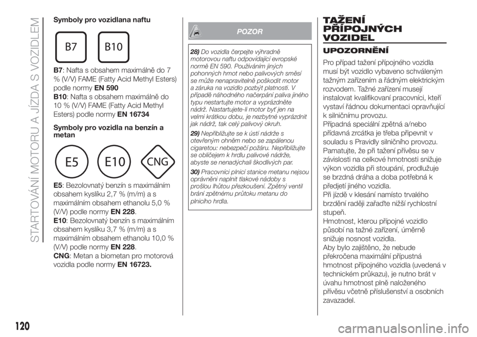 FIAT DOBLO COMBI 2018  Návod k použití a údržbě (in Czech) Symboly pro vozidlana naftu
B7: Nafta s obsahem maximálně do 7
% (V/V) FAME (Fatty Acid Methyl Esters)
podle normyEN 590
B10: Nafta s obsahem maximálně do
10 % (V/V) FAME (Fatty Acid Methyl
Esters