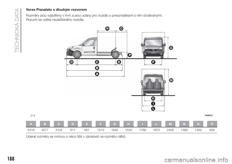 FIAT DOBLO COMBI 2018  Návod k použití a údržbě (in Czech) Verze Pianalato s dlouhým rozvorem
Rozměry jsou vyjádřeny v mm a jsou udány pro vozidlo s pneumatikami s ním dodávanými.
Rozumí se výška nezatíženého vozidla.
ABCDE FGH I LMNOP
5416 4577