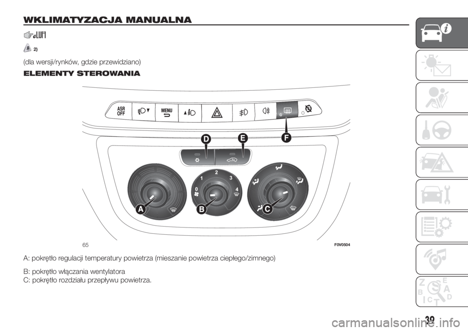 FIAT DOBLO COMBI 2018 Instrukcja obsługi (in Polish) WKLIMATYZACJA MANUALNA
2)
(dla wersji/rynków, gdzie przewidziano).
ELEMENTY STEROWANIA
A: pokrętło regulacji temperatury powietrza (mieszanie powietrza ciepłego/zimnego)
B: pokrętło włączania FIAT DOBLO COMBI 2018 Instrukcja obsługi (in Polish) WKLIMATYZACJA MANUALNA
2)
(dla wersji/rynków, gdzie przewidziano).
ELEMENTY STEROWANIA
A: pokrętło regulacji temperatury powietrza (mieszanie powietrza ciepłego/zimnego)
B: pokrętło włączania