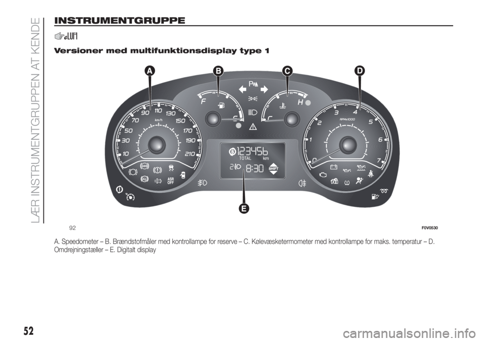 FIAT DOBLO COMBI 2018 Brugs- og vedligeholdelsesvejledning (in Danish) INSTRUMENTGRUPPE
.
Versioner med multifunktionsdisplay type 1
A. Speedometer – B. Brændstofmåler med kontrollampe for reserve – C. Kølevæsketermometer med kontrollampe for maks. temperatur – FIAT DOBLO COMBI 2018 Brugs- og vedligeholdelsesvejledning (in Danish) INSTRUMENTGRUPPE
.
Versioner med multifunktionsdisplay type 1
A. Speedometer – B. Brændstofmåler med kontrollampe for reserve – C. Kølevæsketermometer med kontrollampe for maks. temperatur –