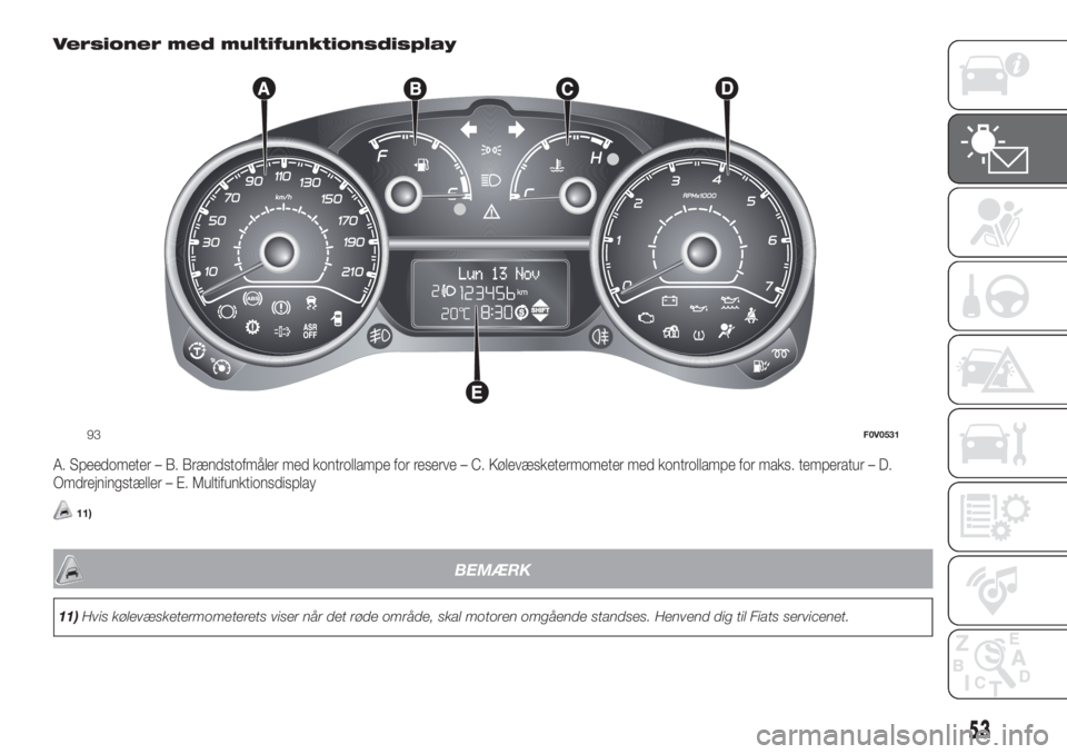 FIAT DOBLO COMBI 2018 Brugs- og vedligeholdelsesvejledning (in Danish) Versioner med multifunktionsdisplay
A. Speedometer – B. Brændstofmåler med kontrollampe for reserve – C. Kølevæsketermometer med kontrollampe for maks. temperatur – D.
Omdrejningstæller – FIAT DOBLO COMBI 2018 Brugs- og vedligeholdelsesvejledning (in Danish) Versioner med multifunktionsdisplay
A. Speedometer – B. Brændstofmåler med kontrollampe for reserve – C. Kølevæsketermometer med kontrollampe for maks. temperatur – D.
Omdrejningstæller –