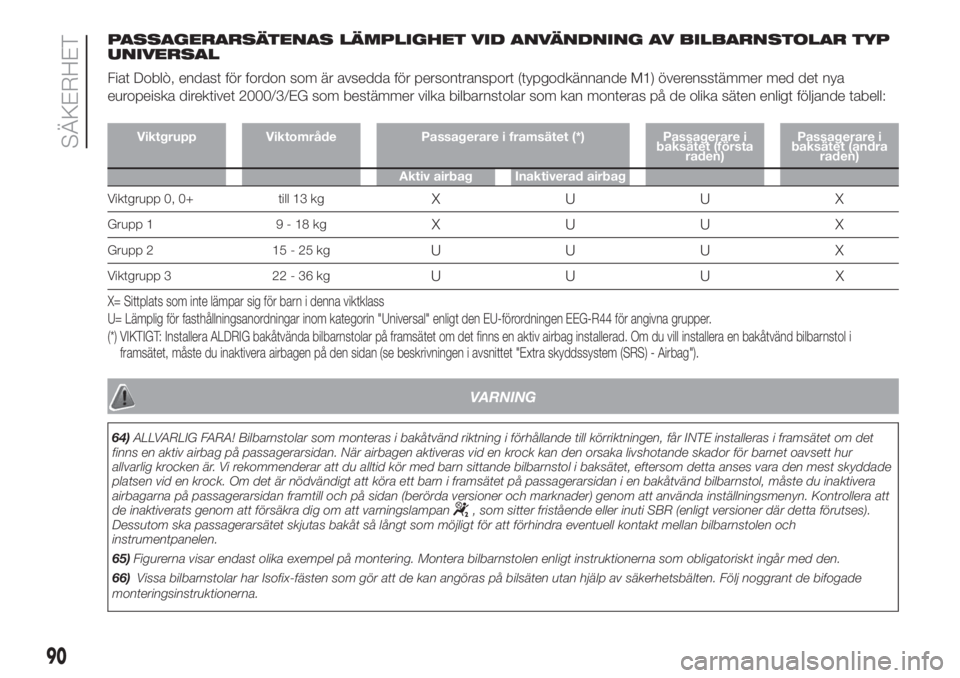 FIAT DOBLO COMBI 2018  Drift- och underhållshandbok (in Swedish) PASSAGERARSÄTENAS LÄMPLIGHET VID ANVÄNDNING AV BILBARNSTOLAR TYP
UNIVERSAL
Fiat Doblò, endast för fordon som är avsedda för persontransport (typgodkännande M1) överensstämmer med det nya
eur