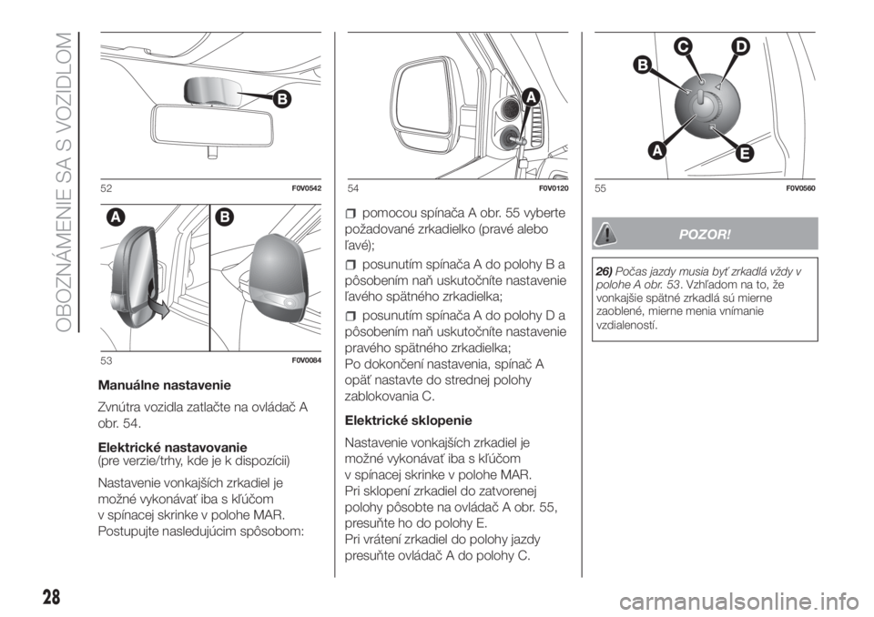 FIAT DOBLO COMBI 2018  Návod na použitie a údržbu (in Slovak) Manuálne nastavenie
Zvnútra vozidla zatlačte na ovládač A
obr. 54.
Elektrické nastavovanie
(pre verzie/trhy, kde je k dispozícii)
Nastavenie vonkajších zrkadiel je
možné vykonávať iba s k