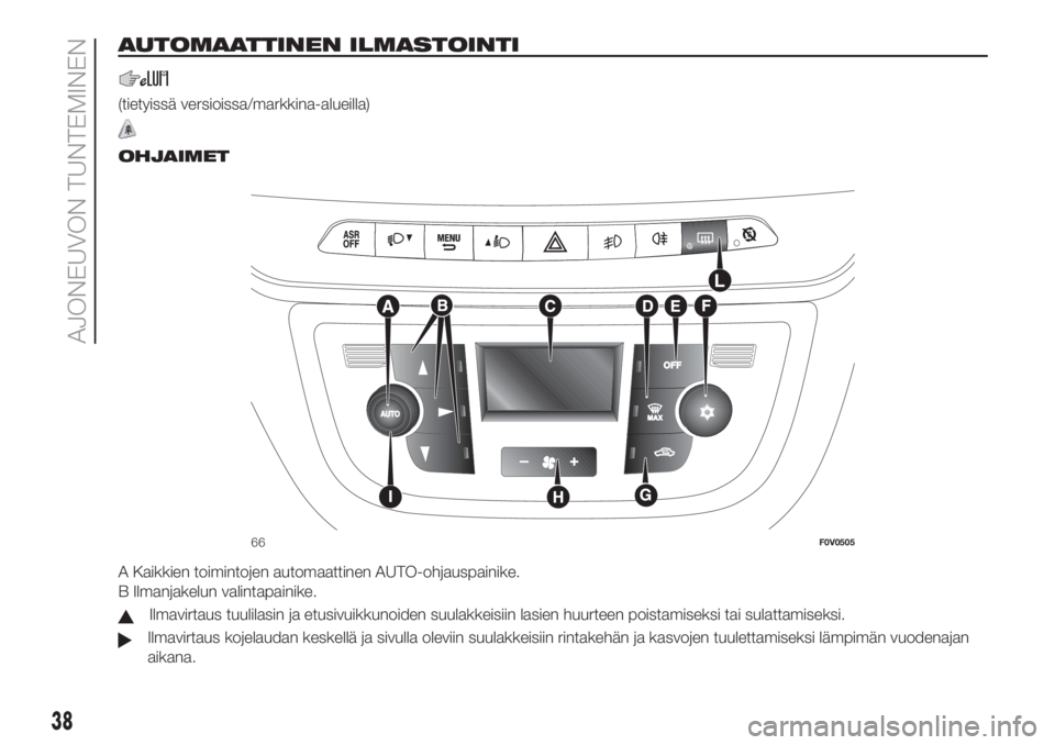 FIAT DOBLO COMBI 2018  Käyttö- ja huolto-ohjekirja (in in Finnish) AUTOMAATTINEN ILMASTOINTI
(tietyissä versioissa/markkina-alueilla)
.
OHJAIMET
A Kaikkien toimintojen automaattinen AUTO-ohjauspainike.
B Ilmanjakelun valintapainike.
Ilmavirtaus tuulilasin ja etusivu