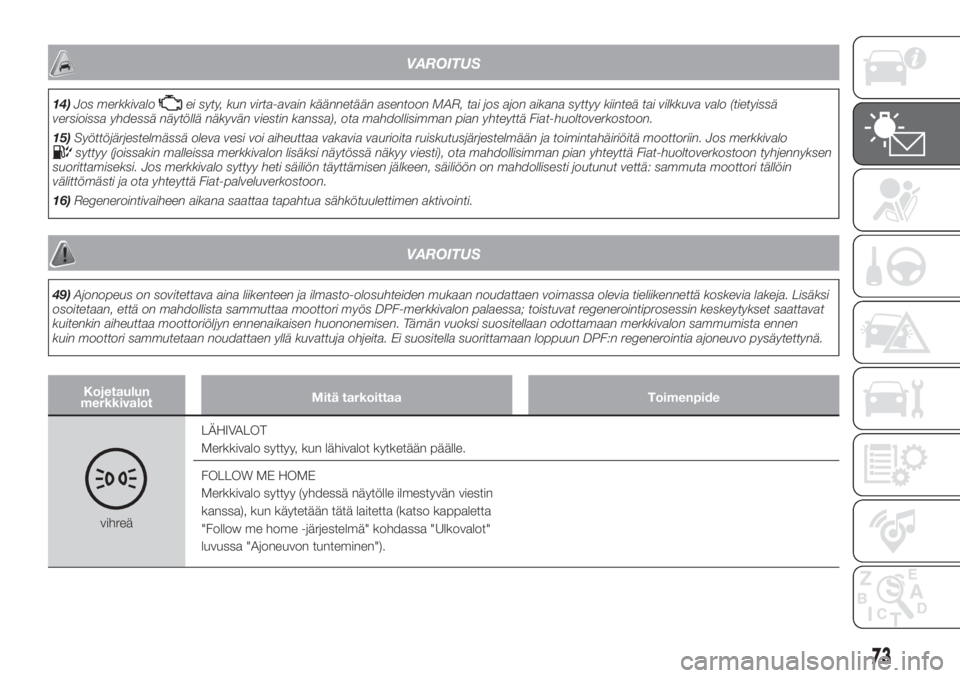 FIAT DOBLO COMBI 2018  Käyttö- ja huolto-ohjekirja (in in Finnish) VAROITUS
14)Jos merkkivaloei syty, kun virta-avain käännetään asentoon MAR, tai jos ajon aikana syttyy kiinteä tai vilkkuva valo (tietyissä
versioissa yhdessä näytöllä näkyvän viestin kans