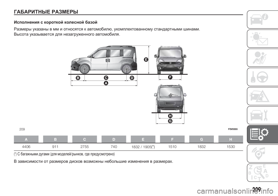 FIAT DOBLO COMBI 2018  Руководство по эксплуатации и техобслуживанию (in Russian) ГАБАРИТНЫЕ РАЗМЕРЫ
Исполнения с короткой колесной базой
Размеры указаны в мм и относятся к автомобилю,укомп