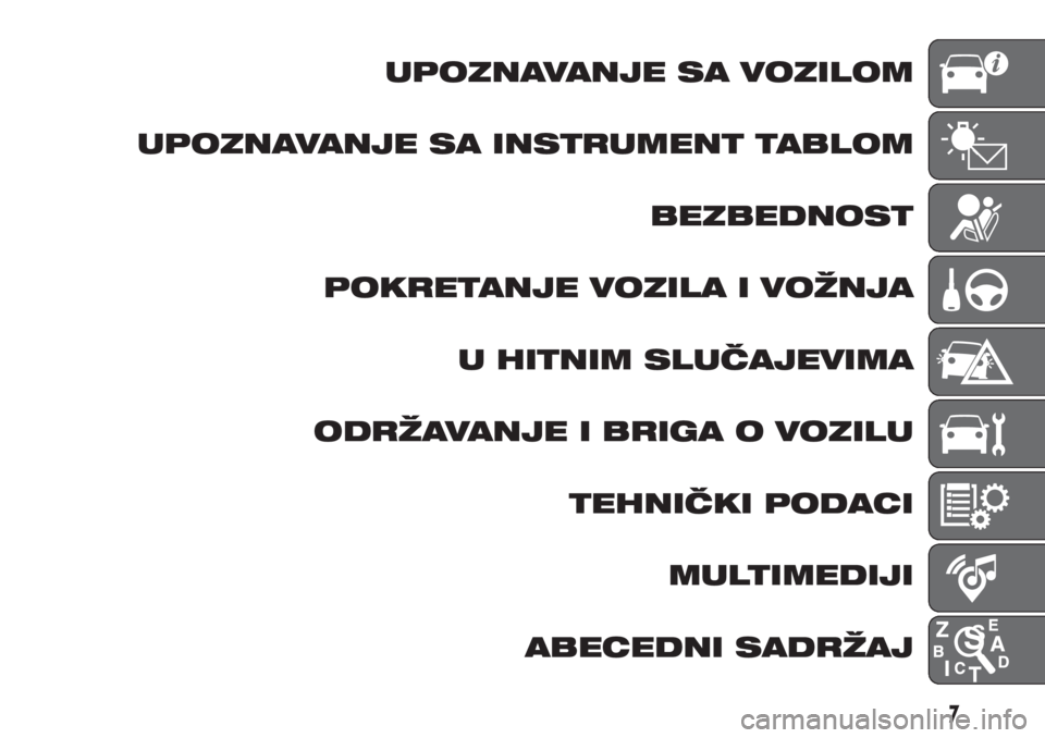 FIAT DOBLO COMBI 2018  Knjižica za upotrebu i održavanje (in Serbian) UPOZNAVANJE SA VOZILOM
UPOZNAVANJE SA INSTRUMENT TABLOM
BEZBEDNOST
POKRETANJE VOZILA I VOŽNJA
U HITNIM SLUČAJEVIMA
ODRŽAVANJE I BRIGA O VOZILU
TEHNIČKI PODACI
MULTIMEDIJI
ABECEDNI SADRŽAJ
7 