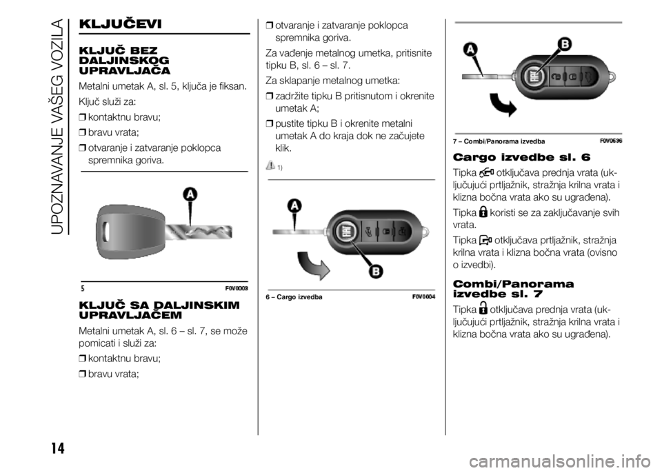 FIAT DOBLO COMBI 2019 Knjižica s uputama za uporabu i održavanje (in Croatian) 14
KLJUČEVI
KLJUČ BEZ
DALJINSKOG
UPRAVLJAČA
Metalni umetak A, sl. 5, ključa je fiksan.
Ključ služi za:
❒ kontaktnu bravu;
❒ bravu vrata;
❒ otvaranje i zatvaranje poklopca
spremnika FIAT DOBLO COMBI 2019 Knjižica s uputama za uporabu i održavanje (in Croatian) 14
KLJUČEVI
KLJUČ BEZ
DALJINSKOG
UPRAVLJAČA
Metalni umetak A, sl. 5, ključa je fiksan.
Ključ služi za:
❒ kontaktnu bravu;
❒ bravu vrata;
❒ otvaranje i zatvaranje poklopca
spremnika