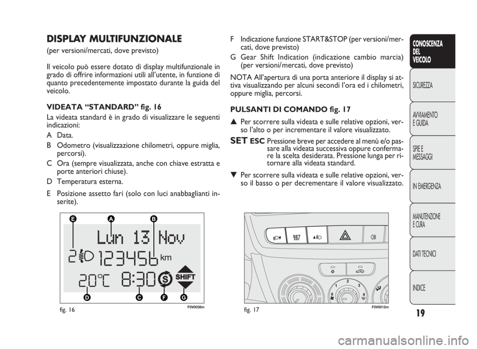 FIAT DOBLO COMBI 2009 Libretto Uso Manutenzione (in Italian) 19
CONOSCENZA
DEL
VEICOLO
SICUREZZA
AVVIAMENTO
EGUIDA
SPIE E
MESSAGGI
IN EMERGENZA
MANUTENZIONE
ECURA
DATI TECNICI
INDICE
F0V0038mfig. 16F0V0012mfig. 17
F Indicazione funzione START&STOP (per versioni FIAT DOBLO COMBI 2009 Libretto Uso Manutenzione (in Italian) 19
CONOSCENZA
DEL
VEICOLO
SICUREZZA
AVVIAMENTO
EGUIDA
SPIE E
MESSAGGI
IN EMERGENZA
MANUTENZIONE
ECURA
DATI TECNICI
INDICE
F0V0038mfig. 16F0V0012mfig. 17
F Indicazione funzione START&STOP (per versioni