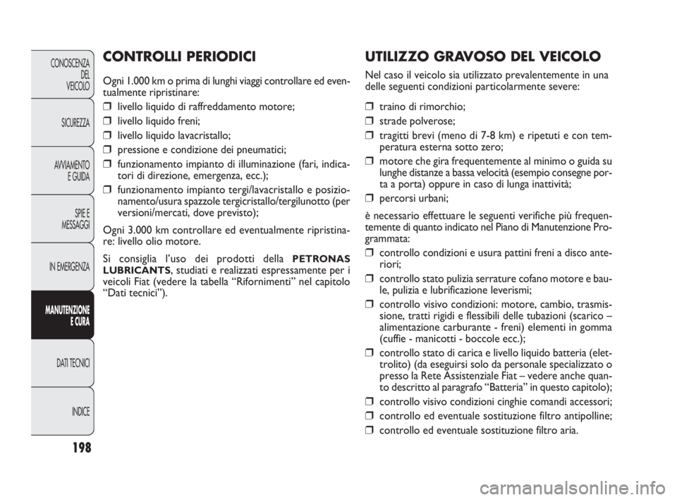 FIAT DOBLO COMBI 2010 Libretto Uso Manutenzione (in Italian) 198
CONOSCENZA
DEL
VEICOLO
SICUREZZA
AVVIAMENTO
E GUIDA
SPIE E
MESSAGGI
IN EMERGENZA
MANUTENZIONE
E CURA
DAT I TECNICI
INDICE
UTILIZZO GRAVOSO DEL VEICOLO
Nel caso il veicolo sia utilizzato prevalent FIAT DOBLO COMBI 2010 Libretto Uso Manutenzione (in Italian) 198
CONOSCENZA
DEL
VEICOLO
SICUREZZA
AVVIAMENTO
E GUIDA
SPIE E
MESSAGGI
IN EMERGENZA
MANUTENZIONE
E CURA
DAT I TECNICI
INDICE
UTILIZZO GRAVOSO DEL VEICOLO
Nel caso il veicolo sia utilizzato prevalent