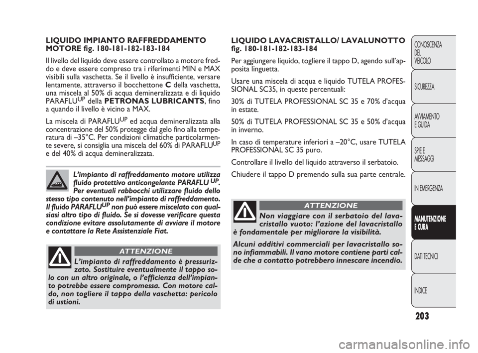 FIAT DOBLO COMBI 2010 Libretto Uso Manutenzione (in Italian) 203
CONOSCENZA
DEL
VEICOLO
SICUREZZA
AVVIAMENTO
E GUIDA
SPIE E
MESSAGGI
IN EMERGENZA
MANUTENZIONE
E CURA
DAT I TECNICI
INDICE
LIQUIDO LAVACRISTALLO/ LAVALUNOTTO
fig. 180-181-182-183-184
Per aggiunger FIAT DOBLO COMBI 2010 Libretto Uso Manutenzione (in Italian) 203
CONOSCENZA
DEL
VEICOLO
SICUREZZA
AVVIAMENTO
E GUIDA
SPIE E
MESSAGGI
IN EMERGENZA
MANUTENZIONE
E CURA
DAT I TECNICI
INDICE
LIQUIDO LAVACRISTALLO/ LAVALUNOTTO
fig. 180-181-182-183-184
Per aggiunger