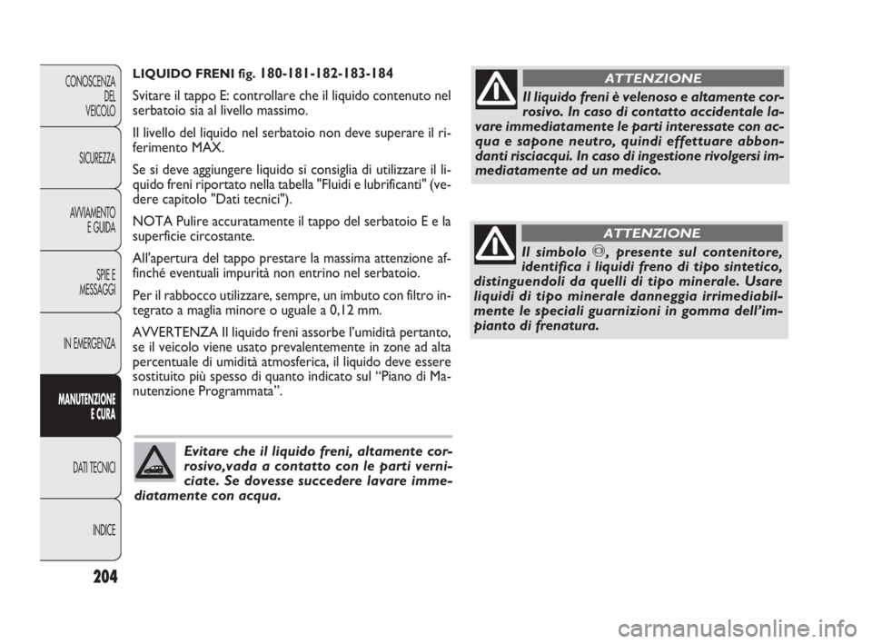 FIAT DOBLO COMBI 2010 Libretto Uso Manutenzione (in Italian) LIQUIDO FRENI fig. 180-181-182-183-184
Svitare il tappo E: controllare che il liquido contenuto nel
serbatoio sia al livello massimo.
Il livello del liquido nel serbatoio non deve superare il ri-
feri FIAT DOBLO COMBI 2010 Libretto Uso Manutenzione (in Italian) LIQUIDO FRENI fig. 180-181-182-183-184
Svitare il tappo E: controllare che il liquido contenuto nel
serbatoio sia al livello massimo.
Il livello del liquido nel serbatoio non deve superare il ri-
feri