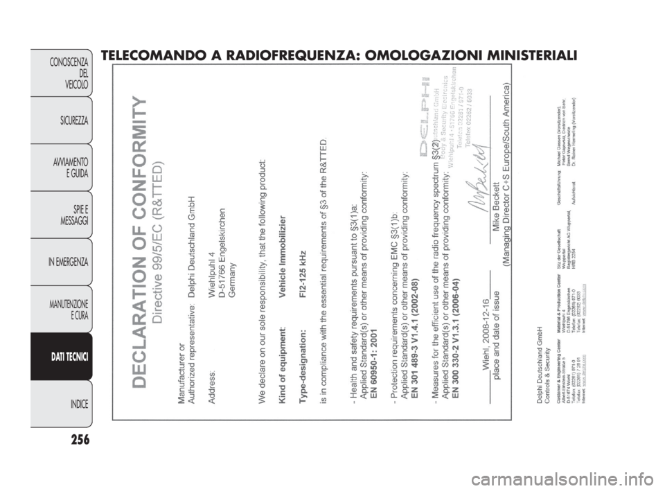FIAT DOBLO COMBI 2010 Libretto Uso Manutenzione (in Italian) 256
CONOSCENZA
DEL
VEICOLO
SICUREZZA
AVVIAMENTO
E GUIDA
SPIE E
MESSAGGI
IN EMERGENZA
MANUTENZIONE
E CURA
DAT I TECNICI
INDICE
TELECOMANDO A RADIOFREQUENZA: OMOLOGAZIONI MINISTERIALI
219-260 DOBLO LU FIAT DOBLO COMBI 2010 Libretto Uso Manutenzione (in Italian) 256
CONOSCENZA
DEL
VEICOLO
SICUREZZA
AVVIAMENTO
E GUIDA
SPIE E
MESSAGGI
IN EMERGENZA
MANUTENZIONE
E CURA
DAT I TECNICI
INDICE
TELECOMANDO A RADIOFREQUENZA: OMOLOGAZIONI MINISTERIALI
219-260 DOBLO LU