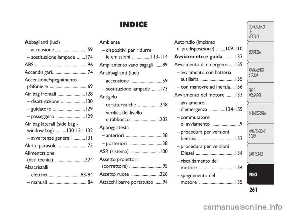 FIAT DOBLO COMBI 2010  Libretto Uso Manutenzione (in Italian) 261
CONOSCENZA
DEL 
VEICOLO
SICUREZZA
AVVIAMENTO
E GUIDA
SPIE E
MESSAGGI
IN EMERGENZA
MANUTENZIONE
E CURA
DAT I TECNICI
INDICE
Ambiente
– dispositivi per ridurre 
le emissioni ................113-11