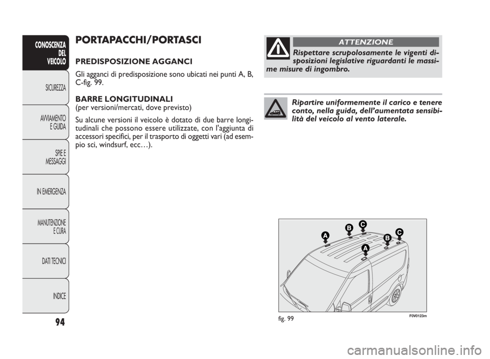FIAT DOBLO COMBI 2010  Libretto Uso Manutenzione (in Italian) 94
CONOSCENZA
DEL 
VEICOLO
SICUREZZA
AVVIAMENTO
E GUIDA
SPIE E
MESSAGGI
IN EMERGENZA
MANUTENZIONE
E CURA
DATI TECNICI
INDICE
F0V0123mfig. 99
PORTAPACCHI/PORTASCI
PREDISPOSIZIONE AGGANCI
Gli agganci di