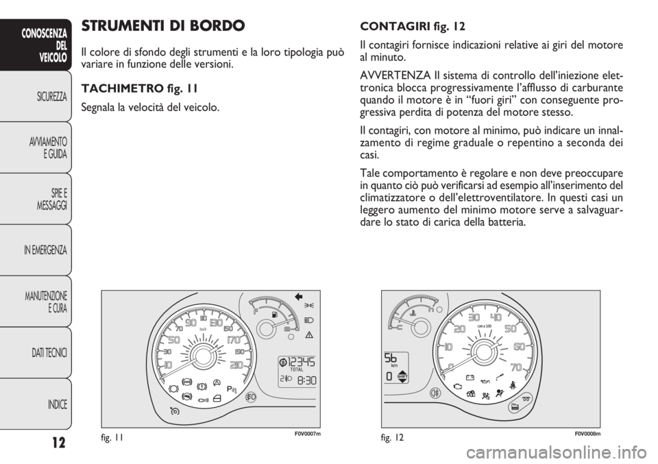 FIAT DOBLO COMBI 2011 Libretto Uso Manutenzione (in Italian) 12
CONOSCENZA
DEL
VEICOLO
SICUREZZA
AVVIAMENTO
E GUIDA
SPIE E
MESSAGGI
IN EMERGENZA
MANUTENZIONE
E CURA
DATI TECNICI
INDICE
F0V0007mfig. 11F0V0008mfig. 12
CONTAGIRI fig. 12
Il contagiri fornisce indic FIAT DOBLO COMBI 2011 Libretto Uso Manutenzione (in Italian) 12
CONOSCENZA
DEL
VEICOLO
SICUREZZA
AVVIAMENTO
E GUIDA
SPIE E
MESSAGGI
IN EMERGENZA
MANUTENZIONE
E CURA
DATI TECNICI
INDICE
F0V0007mfig. 11F0V0008mfig. 12
CONTAGIRI fig. 12
Il contagiri fornisce indic