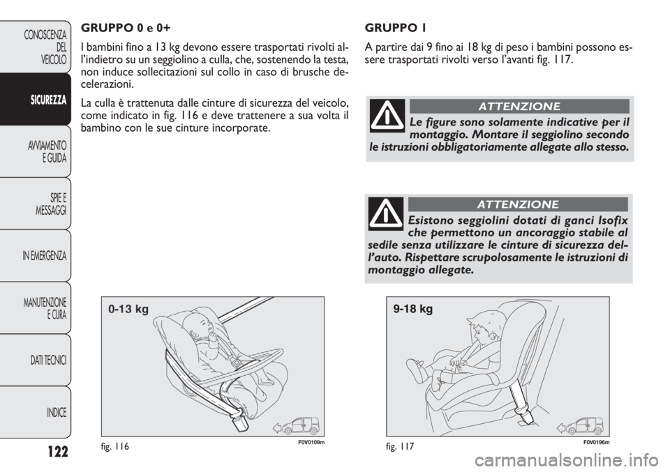 FIAT DOBLO COMBI 2011 Libretto Uso Manutenzione (in Italian) 122
CONOSCENZA
DEL
VEICOLO
SICUREZZA
AVVIAMENTO
E GUIDA
SPIE E
MESSAGGI
IN EMERGENZA
MANUTENZIONE
E CURA
DATI TECNICI
INDICE
F0V0109mfig. 116F0V0196mfig. 117
GRUPPO 1
A partire dai 9 fino ai 18 kg di FIAT DOBLO COMBI 2011 Libretto Uso Manutenzione (in Italian) 122
CONOSCENZA
DEL
VEICOLO
SICUREZZA
AVVIAMENTO
E GUIDA
SPIE E
MESSAGGI
IN EMERGENZA
MANUTENZIONE
E CURA
DATI TECNICI
INDICE
F0V0109mfig. 116F0V0196mfig. 117
GRUPPO 1
A partire dai 9 fino ai 18 kg di