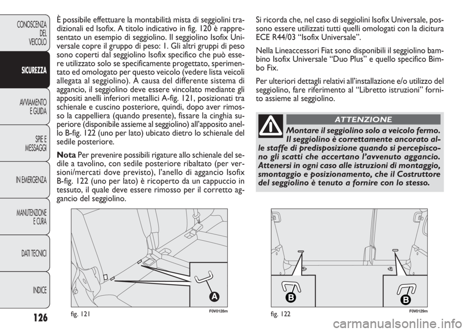 FIAT DOBLO COMBI 2011 Libretto Uso Manutenzione (in Italian) 126
CONOSCENZA
DEL
VEICOLO
SICUREZZA
AVVIAMENTO
E GUIDA
SPIE E
MESSAGGI
IN EMERGENZA
MANUTENZIONE
E CURA
DATI TECNICI
INDICE
F0V0128mfig. 121F0V0129mfig. 122
È possibile effettuare la montabilità mi FIAT DOBLO COMBI 2011 Libretto Uso Manutenzione (in Italian) 126
CONOSCENZA
DEL
VEICOLO
SICUREZZA
AVVIAMENTO
E GUIDA
SPIE E
MESSAGGI
IN EMERGENZA
MANUTENZIONE
E CURA
DATI TECNICI
INDICE
F0V0128mfig. 121F0V0129mfig. 122
È possibile effettuare la montabilità mi