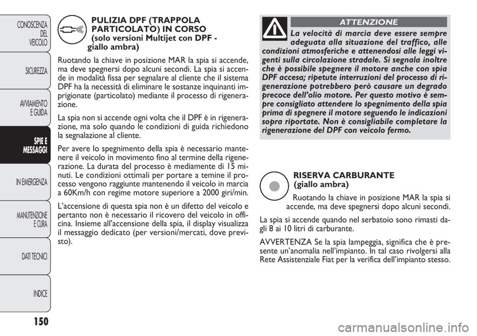 FIAT DOBLO COMBI 2011 Libretto Uso Manutenzione (in Italian) 150
CONOSCENZA
DEL
VEICOLO
SICUREZZA
AVVIAMENTO
E GUIDA
SPIE E
MESSAGGI
IN EMERGENZA
MANUTENZIONE
E CURA
DATI TECNICI
INDICE
RISERVA CARBURANTE
(giallo ambra)
Ruotando la chiave in posizione MAR la s FIAT DOBLO COMBI 2011 Libretto Uso Manutenzione (in Italian) 150
CONOSCENZA
DEL
VEICOLO
SICUREZZA
AVVIAMENTO
E GUIDA
SPIE E
MESSAGGI
IN EMERGENZA
MANUTENZIONE
E CURA
DATI TECNICI
INDICE
RISERVA CARBURANTE
(giallo ambra)
Ruotando la chiave in posizione MAR la s
