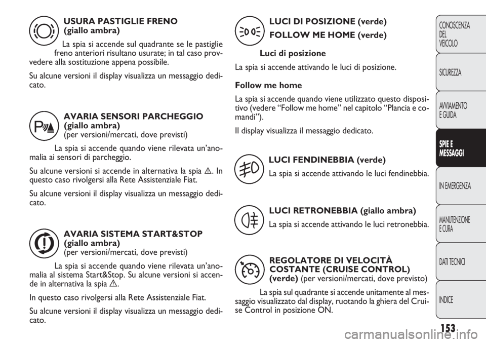 FIAT DOBLO COMBI 2011 Libretto Uso Manutenzione (in Italian) 153
CONOSCENZA
DEL
VEICOLO
SICUREZZA
AVVIAMENTO
E GUIDA
SPIE E
MESSAGGI
IN EMERGENZA
MANUTENZIONE
E CURA
DATI TECNICI
INDICE
USURA PASTIGLIE FRENO
(giallo ambra)
La spia si accende sul quadrante se l FIAT DOBLO COMBI 2011 Libretto Uso Manutenzione (in Italian) 153
CONOSCENZA
DEL
VEICOLO
SICUREZZA
AVVIAMENTO
E GUIDA
SPIE E
MESSAGGI
IN EMERGENZA
MANUTENZIONE
E CURA
DATI TECNICI
INDICE
USURA PASTIGLIE FRENO
(giallo ambra)
La spia si accende sul quadrante se l