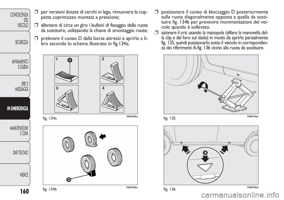 FIAT DOBLO COMBI 2011 Libretto Uso Manutenzione (in Italian) 160
CONOSCENZA
DEL
VEICOLO
SICUREZZA
AVVIAMENTO
E GUIDA
SPIE E
MESSAGGI
IN EMERGENZA
MANUTENZIONE
E CURA
DATI TECNICI
INDICE
F0V0153mfig. 134bF0V0155mfig. 136
F0V0154mfig. 135
❒posizionare il cuneo FIAT DOBLO COMBI 2011 Libretto Uso Manutenzione (in Italian) 160
CONOSCENZA
DEL
VEICOLO
SICUREZZA
AVVIAMENTO
E GUIDA
SPIE E
MESSAGGI
IN EMERGENZA
MANUTENZIONE
E CURA
DATI TECNICI
INDICE
F0V0153mfig. 134bF0V0155mfig. 136
F0V0154mfig. 135
❒posizionare il cuneo