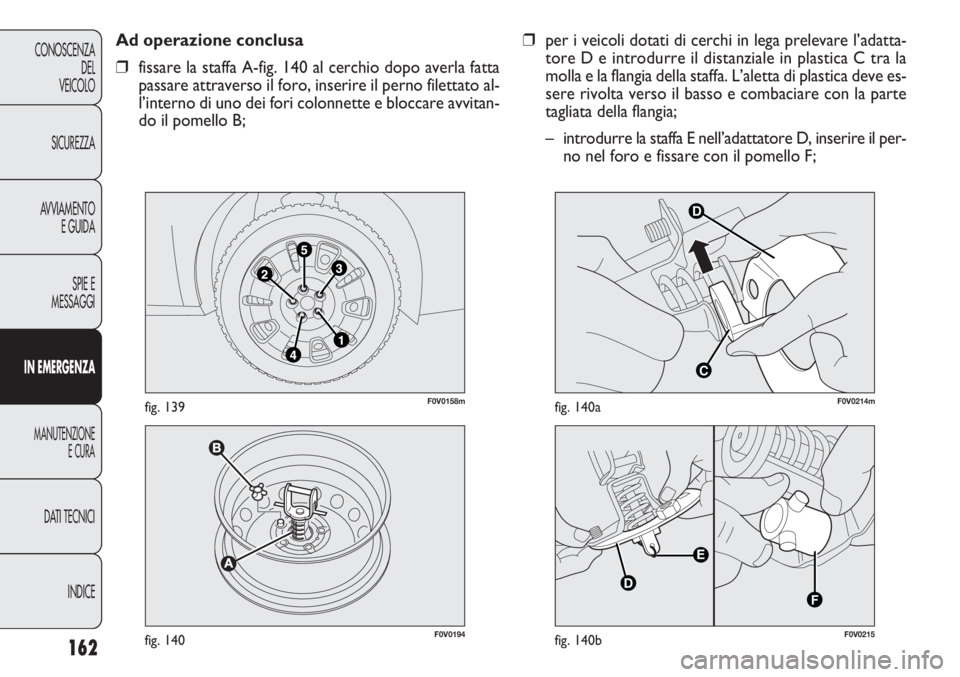 FIAT DOBLO COMBI 2011 Libretto Uso Manutenzione (in Italian) 162
CONOSCENZA
DEL
VEICOLO
SICUREZZA
AVVIAMENTO
E GUIDA
SPIE E
MESSAGGI
IN EMERGENZA
MANUTENZIONE
E CURA
DATI TECNICI
INDICE
F0V0194fig. 140
F0V0158mfig. 139
D
C
F0V0214mfig. 140a
F0V0215fig. 140b
❒ FIAT DOBLO COMBI 2011 Libretto Uso Manutenzione (in Italian) 162
CONOSCENZA
DEL
VEICOLO
SICUREZZA
AVVIAMENTO
E GUIDA
SPIE E
MESSAGGI
IN EMERGENZA
MANUTENZIONE
E CURA
DATI TECNICI
INDICE
F0V0194fig. 140
F0V0158mfig. 139
D
C
F0V0214mfig. 140a
F0V0215fig. 140b
❒