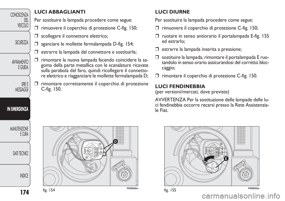 FIAT DOBLO COMBI 2011 Libretto Uso Manutenzione (in Italian) 174
CONOSCENZA
DEL
VEICOLO
SICUREZZA
AVVIAMENTO
E GUIDA
SPIE E
MESSAGGI
IN EMERGENZA
MANUTENZIONE
E CURA
DATI TECNICI
INDICE
F0V0032mfig. 154F0V0033mfig. 155
LUCI DIURNE
Per sostituire la lampada proc FIAT DOBLO COMBI 2011 Libretto Uso Manutenzione (in Italian) 174
CONOSCENZA
DEL
VEICOLO
SICUREZZA
AVVIAMENTO
E GUIDA
SPIE E
MESSAGGI
IN EMERGENZA
MANUTENZIONE
E CURA
DATI TECNICI
INDICE
F0V0032mfig. 154F0V0033mfig. 155
LUCI DIURNE
Per sostituire la lampada proc
