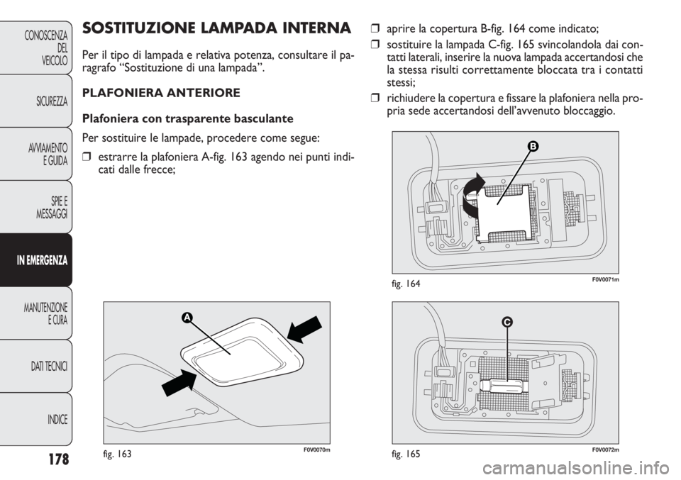 FIAT DOBLO COMBI 2011 Libretto Uso Manutenzione (in Italian) 178
CONOSCENZA
DEL
VEICOLO
SICUREZZA
AVVIAMENTO
E GUIDA
SPIE E
MESSAGGI
IN EMERGENZA
MANUTENZIONE
E CURA
DATI TECNICI
INDICE
❒aprire la copertura B-fig. 164 come indicato;
❒sostituire la lampada C FIAT DOBLO COMBI 2011 Libretto Uso Manutenzione (in Italian) 178
CONOSCENZA
DEL
VEICOLO
SICUREZZA
AVVIAMENTO
E GUIDA
SPIE E
MESSAGGI
IN EMERGENZA
MANUTENZIONE
E CURA
DATI TECNICI
INDICE
❒aprire la copertura B-fig. 164 come indicato;
❒sostituire la lampada C