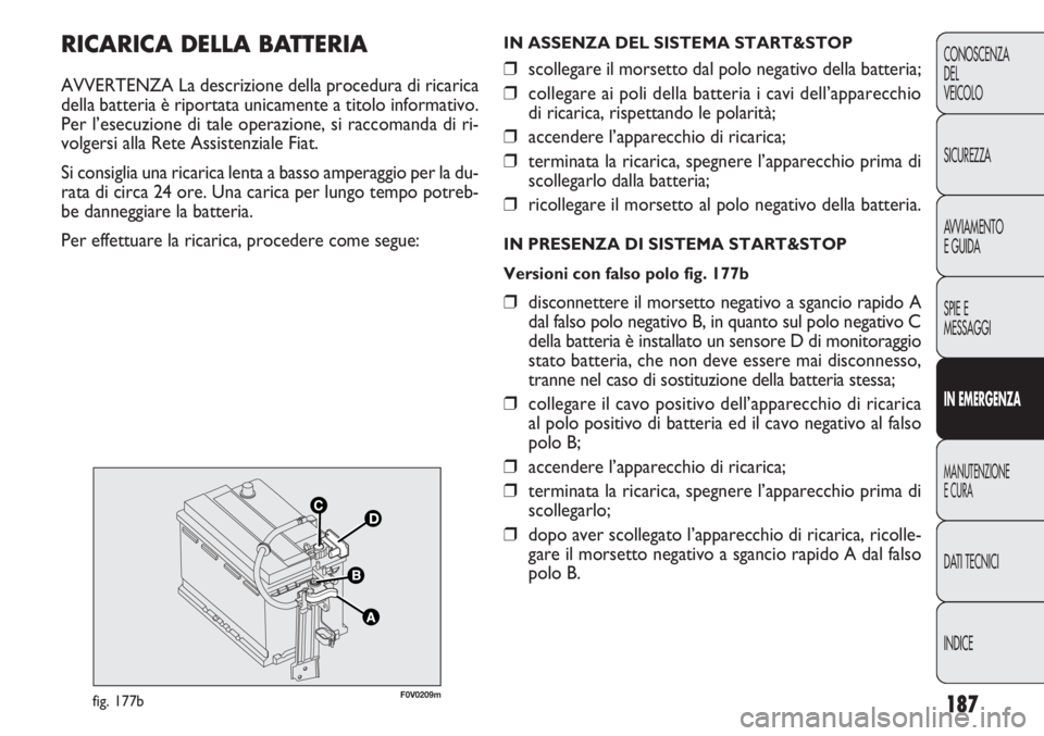 FIAT DOBLO COMBI 2011  Libretto Uso Manutenzione (in Italian) 187
CONOSCENZA
DEL
VEICOLO
SICUREZZA
AVVIAMENTO
E GUIDA
SPIE E
MESSAGGI
IN EMERGENZA
MANUTENZIONE
E CURA
DATI TECNICI
INDICE
RICARICA DELLA BAT TERIA
AVVERTENZA La descrizione della procedura di ricar