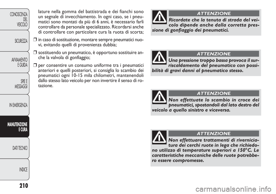 FIAT DOBLO COMBI 2011 Libretto Uso Manutenzione (in Italian) 210
CONOSCENZA
DEL
VEICOLO
SICUREZZA
AVVIAMENTO
E GUIDA
SPIE E
MESSAGGI
IN EMERGENZA
MANUTENZIONE
E CURA
DATI TECNICI
INDICE
lature nella gomma del battistrada e dei fianchi sono
un segnale di invecch FIAT DOBLO COMBI 2011 Libretto Uso Manutenzione (in Italian) 210
CONOSCENZA
DEL
VEICOLO
SICUREZZA
AVVIAMENTO
E GUIDA
SPIE E
MESSAGGI
IN EMERGENZA
MANUTENZIONE
E CURA
DATI TECNICI
INDICE
lature nella gomma del battistrada e dei fianchi sono
un segnale di invecch