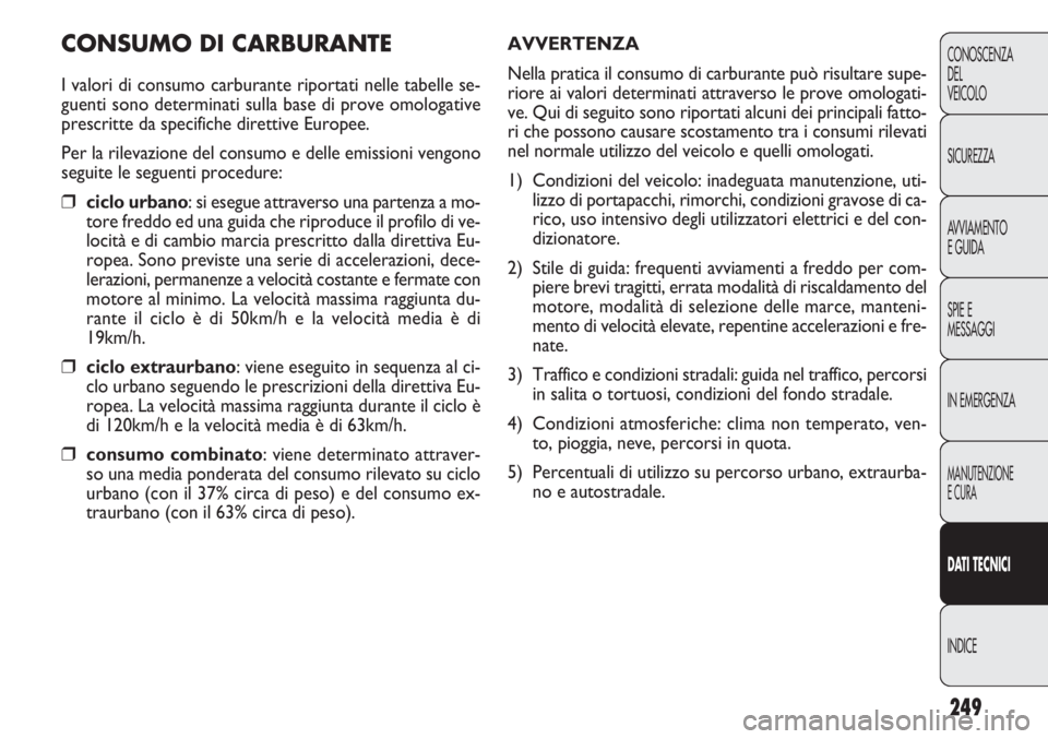 FIAT DOBLO COMBI 2011 Libretto Uso Manutenzione (in Italian) 249
CONOSCENZA
DEL
VEICOLO
SICUREZZA
AVVIAMENTO
E GUIDA
SPIE E
MESSAGGI
IN EMERGENZA
MANUTENZIONE
E CURA
DAT I TECNICI
INDICE
CONSUMO DI CARBURANTE
I valori di consumo carburante riportati nelle tabel FIAT DOBLO COMBI 2011 Libretto Uso Manutenzione (in Italian) 249
CONOSCENZA
DEL
VEICOLO
SICUREZZA
AVVIAMENTO
E GUIDA
SPIE E
MESSAGGI
IN EMERGENZA
MANUTENZIONE
E CURA
DAT I TECNICI
INDICE
CONSUMO DI CARBURANTE
I valori di consumo carburante riportati nelle tabel