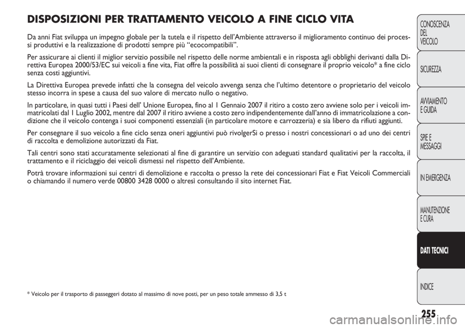 FIAT DOBLO COMBI 2011 Libretto Uso Manutenzione (in Italian) 255
CONOSCENZA
DEL
VEICOLO
SICUREZZA
AVVIAMENTO
E GUIDA
SPIE E
MESSAGGI
IN EMERGENZA
MANUTENZIONE
E CURA
DAT I TECNICI
INDICE
DISPOSIZIONI PER TRATTAMENTO VEICOLO A FINE CICLO VITA
Da anni Fiat svilup FIAT DOBLO COMBI 2011 Libretto Uso Manutenzione (in Italian) 255
CONOSCENZA
DEL
VEICOLO
SICUREZZA
AVVIAMENTO
E GUIDA
SPIE E
MESSAGGI
IN EMERGENZA
MANUTENZIONE
E CURA
DAT I TECNICI
INDICE
DISPOSIZIONI PER TRATTAMENTO VEICOLO A FINE CICLO VITA
Da anni Fiat svilup