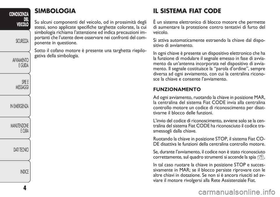 FIAT DOBLO COMBI 2011  Libretto Uso Manutenzione (in Italian) 4
CONOSCENZA
DEL
VEICOLO
SICUREZZA
AVVIAMENTO
E GUIDA
SPIE E
MESSAGGI
IN EMERGENZA
MANUTENZIONE
E CURA
DATI TECNICI
INDICE
IL SISTEMA FIAT CODE
È un sistema elettronico di blocco motore che permette
