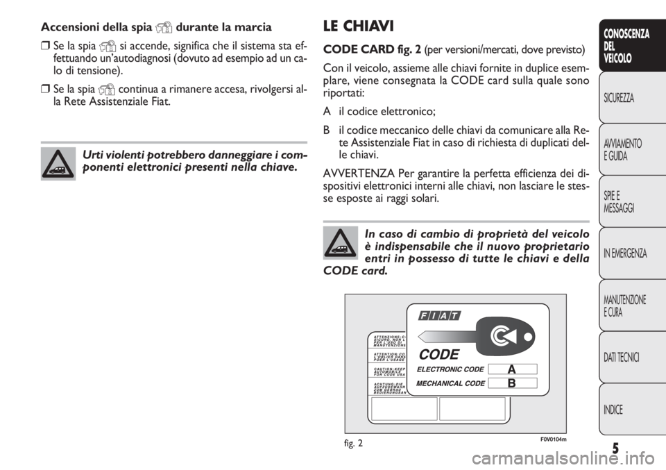 FIAT DOBLO COMBI 2011  Libretto Uso Manutenzione (in Italian) 5
CONOSCENZA
DEL
VEICOLO
SICUREZZA
AVVIAMENTO
EGUIDA
SPIE E
MESSAGGI
IN EMERGENZA
MANUTENZIONE
ECURA
DATI TECNICI
INDICE
LE CHIAVI
CODE CARD fig. 2(per versioni/mercati, dove previsto)
Con il veicolo,