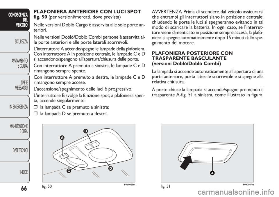 FIAT DOBLO COMBI 2011  Libretto Uso Manutenzione (in Italian) 66
CONOSCENZA
DEL
VEICOLO
SICUREZZA
AVVIAMENTO
E GUIDA
SPIE E
MESSAGGI
IN EMERGENZA
MANUTENZIONE
E CURA
DATI TECNICI
INDICE
F0V0056mfig. 50F0V0057mfig. 51
AVVERTENZA Prima di scendere dal veicolo assi