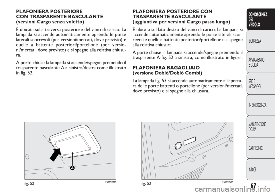 FIAT DOBLO COMBI 2011  Libretto Uso Manutenzione (in Italian) 67
CONOSCENZA
DEL
VEICOLO
SICUREZZA
AVVIAMENTO
E GUIDA
SPIE E
MESSAGGI
IN EMERGENZA
MANUTENZIONE
E CURA
DATI TECNICI
INDICE
F0V0171mfig. 52
PLAFONIERA POSTERIORE
CON TRASPARENTE BASCULANTE
(versioni C