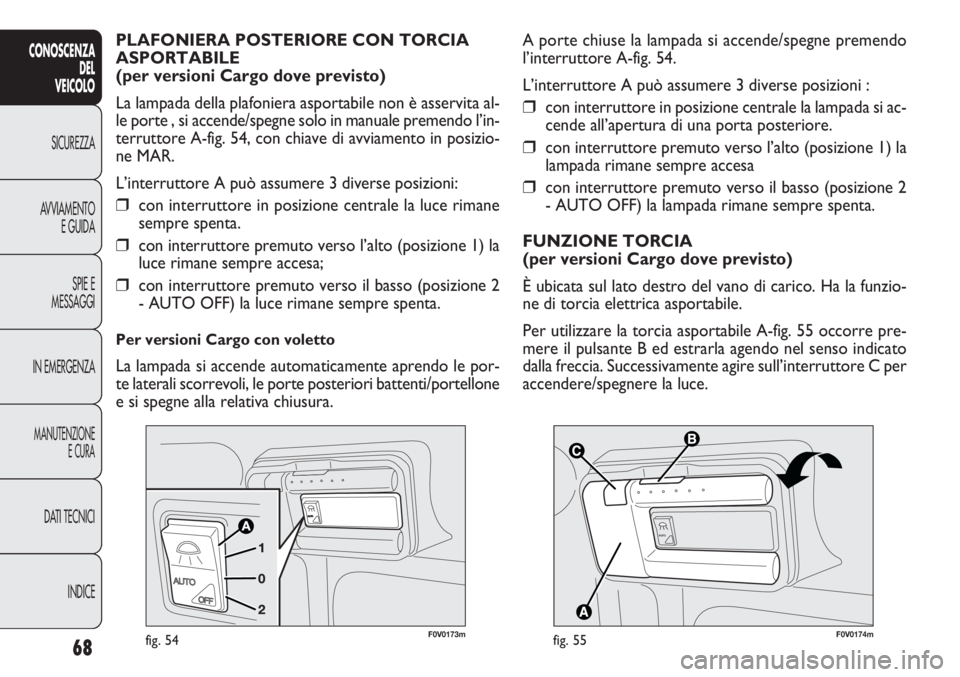FIAT DOBLO COMBI 2011  Libretto Uso Manutenzione (in Italian) 68
CONOSCENZA
DEL
VEICOLO
SICUREZZA
AVVIAMENTO
E GUIDA
SPIE E
MESSAGGI
IN EMERGENZA
MANUTENZIONE
E CURA
DATI TECNICI
INDICE

F0V0174mfig. 55
A porte chiuse la lampada si accende/spegne premendo
l